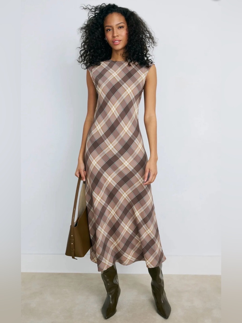 Argent Minimal Bias Dress Brown Plaid Midi Dress